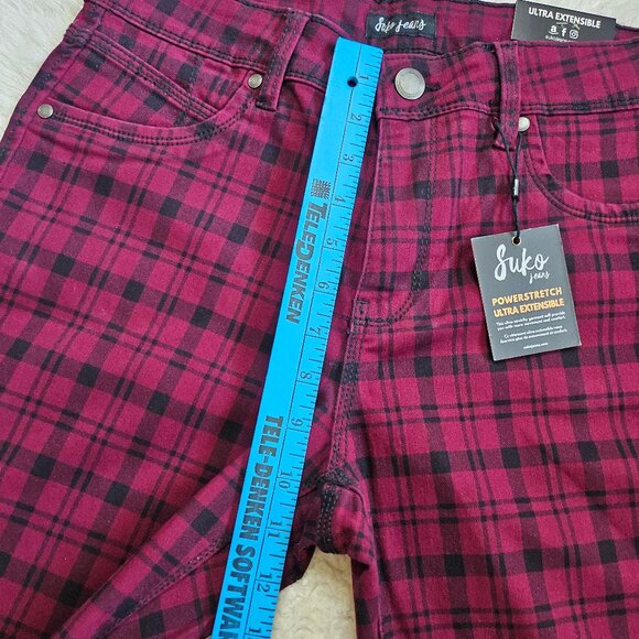 Suko jeans Women's Burgundy Plaid Skinny Jeans Tartan Power Stretch Denim Size 8 - Picture 6 of 9